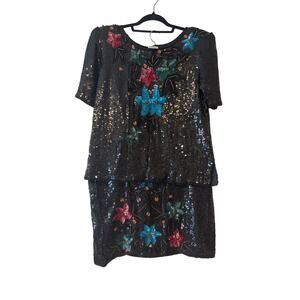 Elegance By Anujan Vintage Silk Beaded Skirt Set Black Multi Color Floral Size M